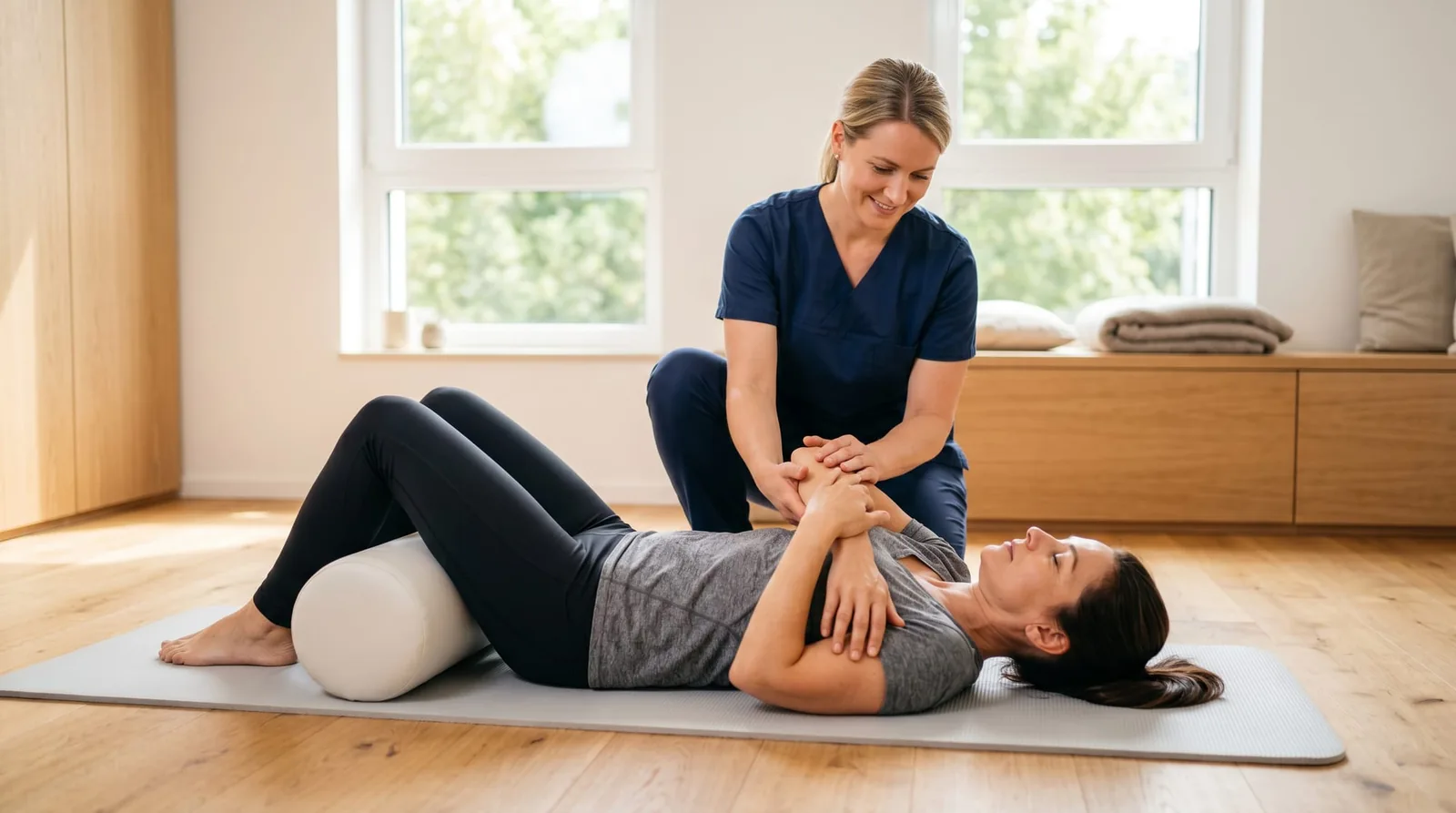 Frau bei moderater Bewegungstherapie als Teil der Fibromyalgie-Behandlung