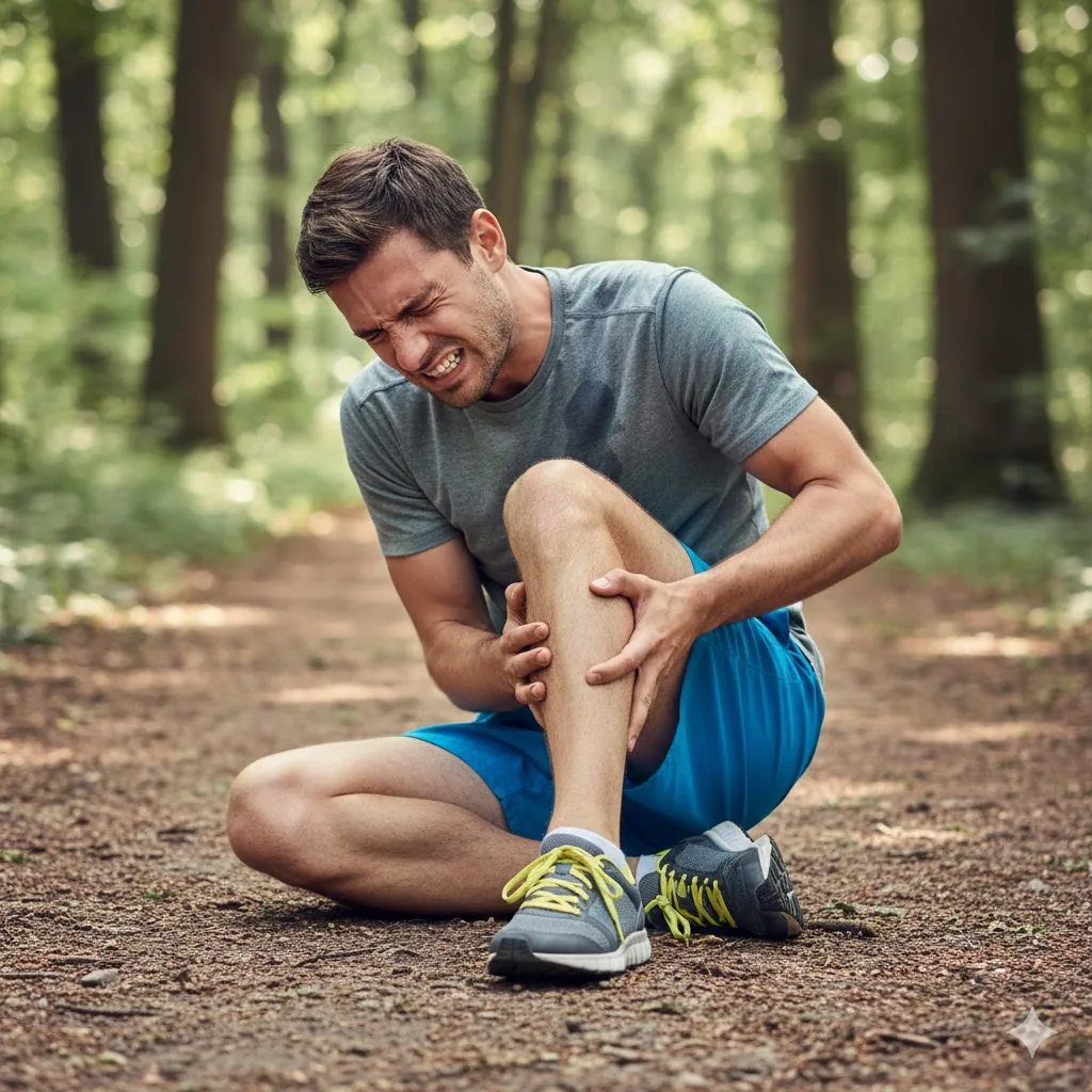 A man suffering from shin splints while jogging.
