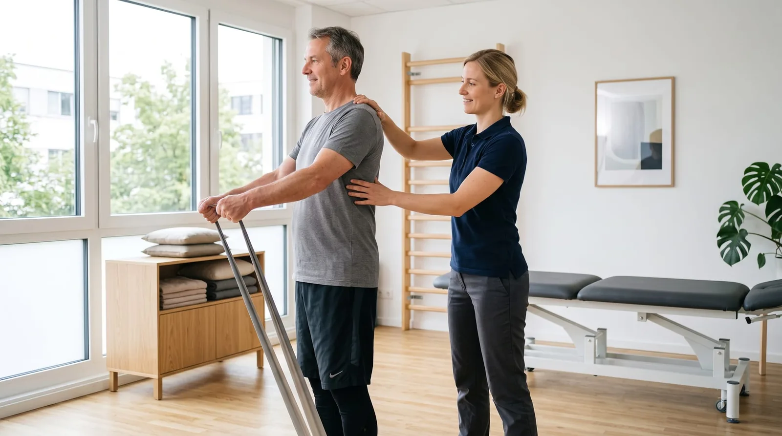 Physiotherapeutin untersucht die Wirbelsäule einer Patientin in der Praxis