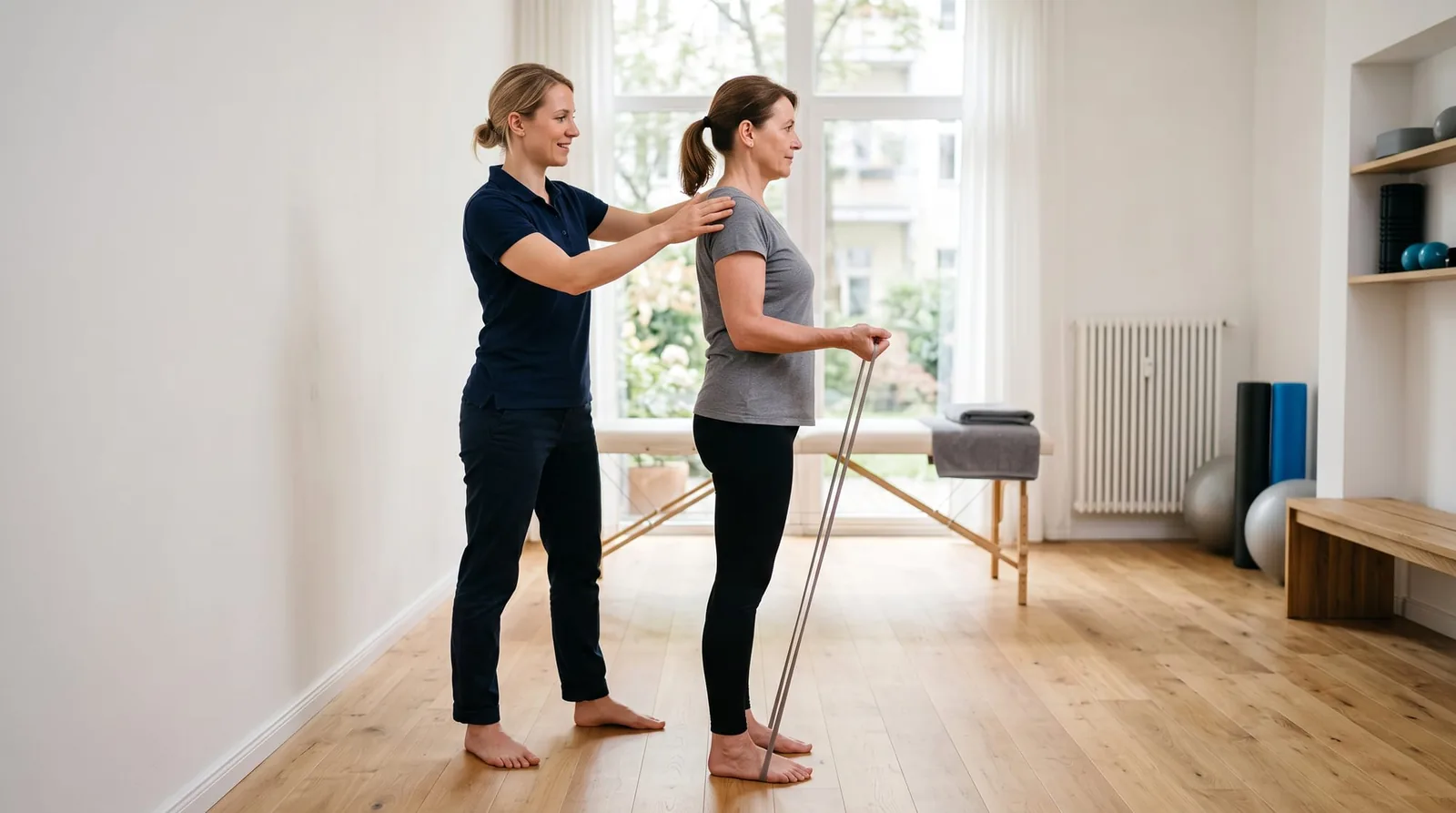 Patient macht Skoliose-Übungen zur Haltungskorrektur in der Physiotherapie