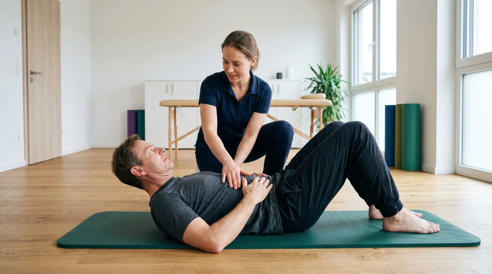 Physiotherapist demonstrates a flexion exercise for treating spinal stenosis