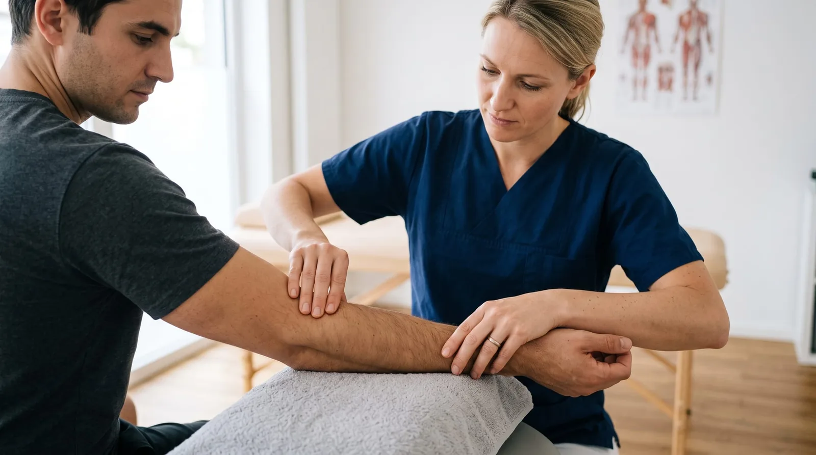 Eccentric training of the forearm with a dumbbell to treat tennis elbow