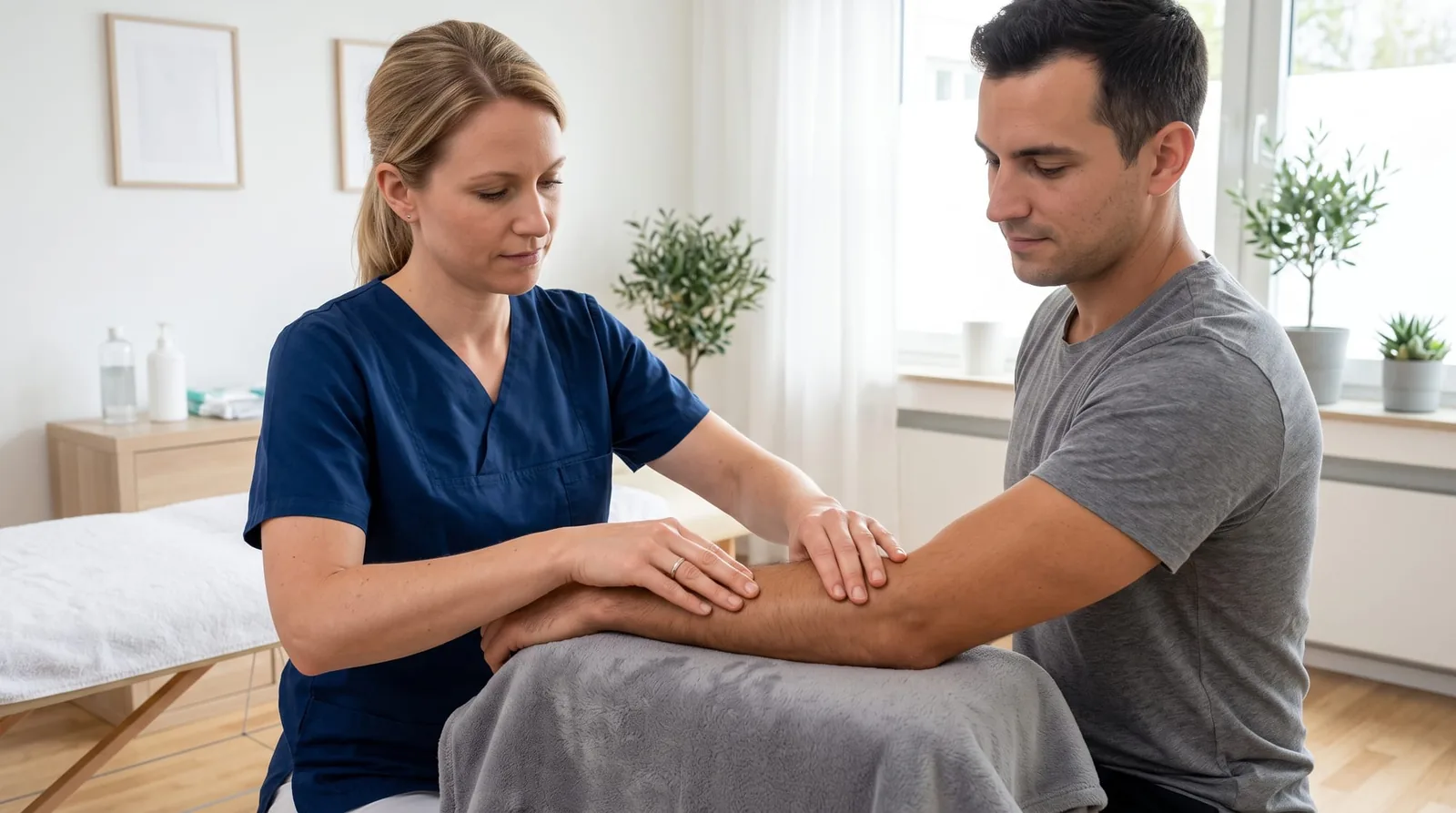 Person wearing an epicondylitis brace on the forearm while working at a computer
