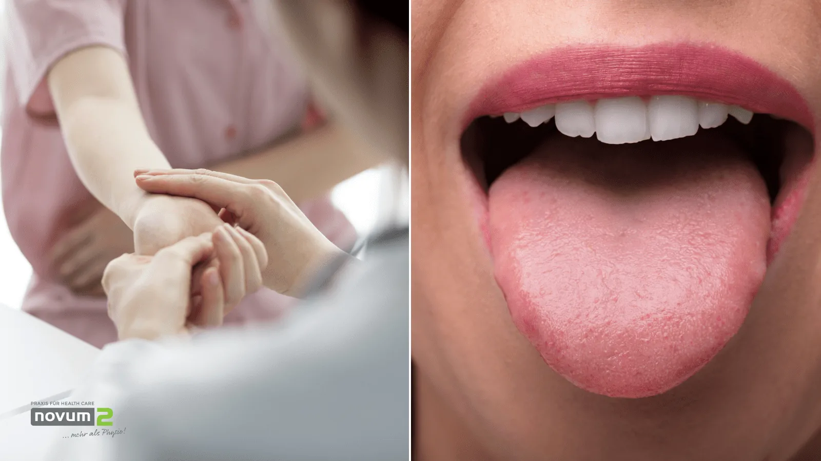 Left: physiotherapy treatment of a wrist at Novum2. Right: close-up of a tongue, referring to diagnostic examinations at Novum2.