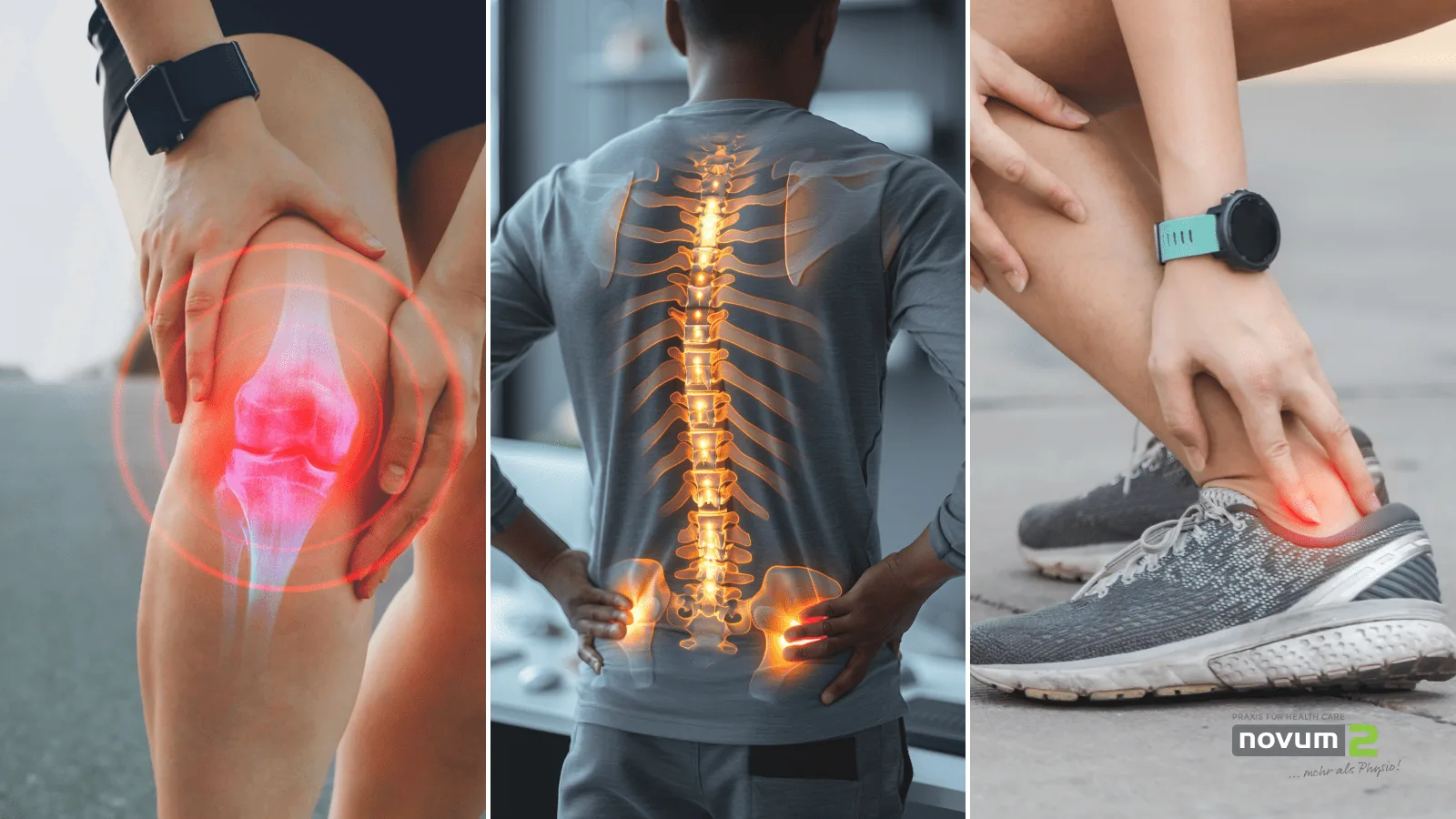 Depiction of common orthopaedic conditions such as osteoarthritis, herniated discs and tendon inflammation with a focus on pain therapy. The image shows people visualising pain in the knee, back and ankle, highlighted by red, glowing areas indicating the affected sites.