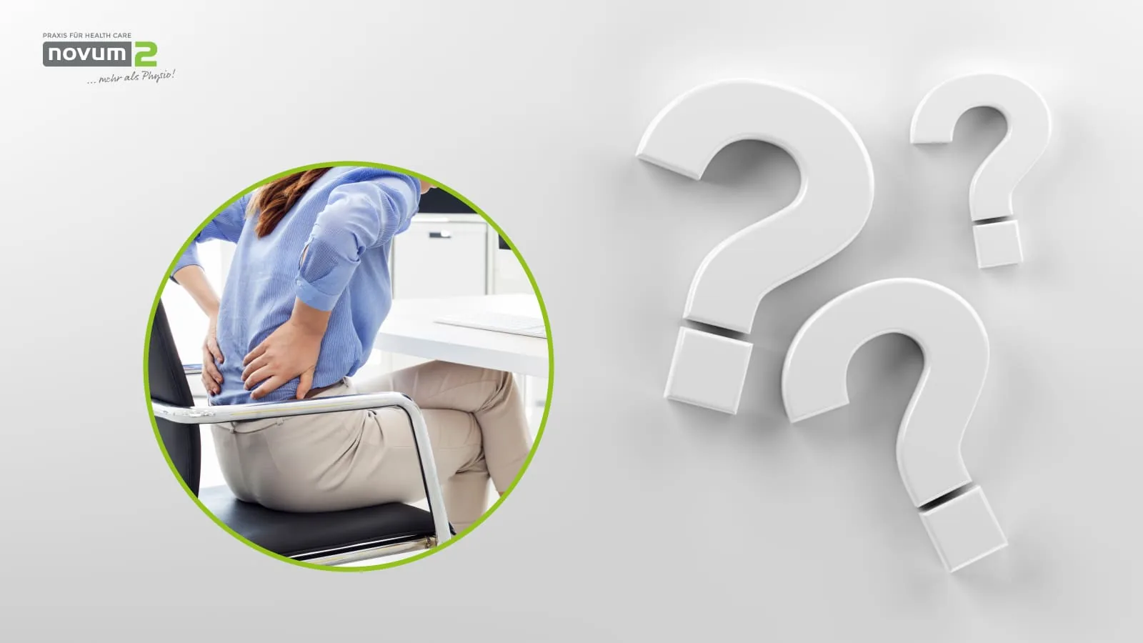 Person suffering from back pain at the workplace, surrounded by question marks symbolising Novum2 solutions for back problems