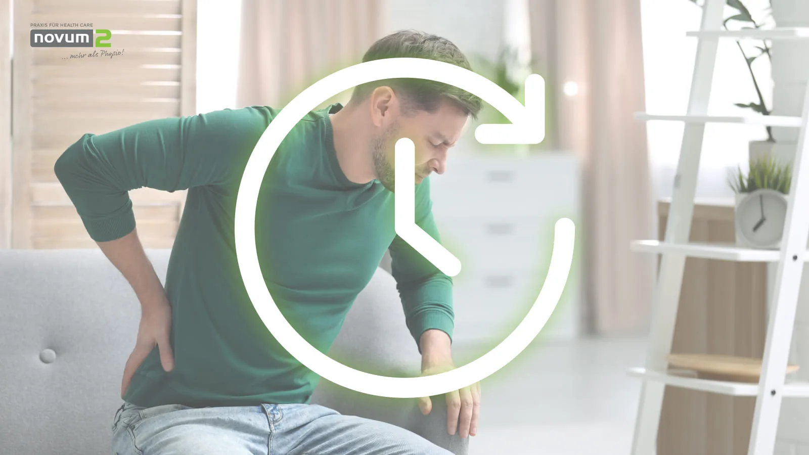 Man at Novum2 experiencing back pain with a symbolic depiction of the recovery process